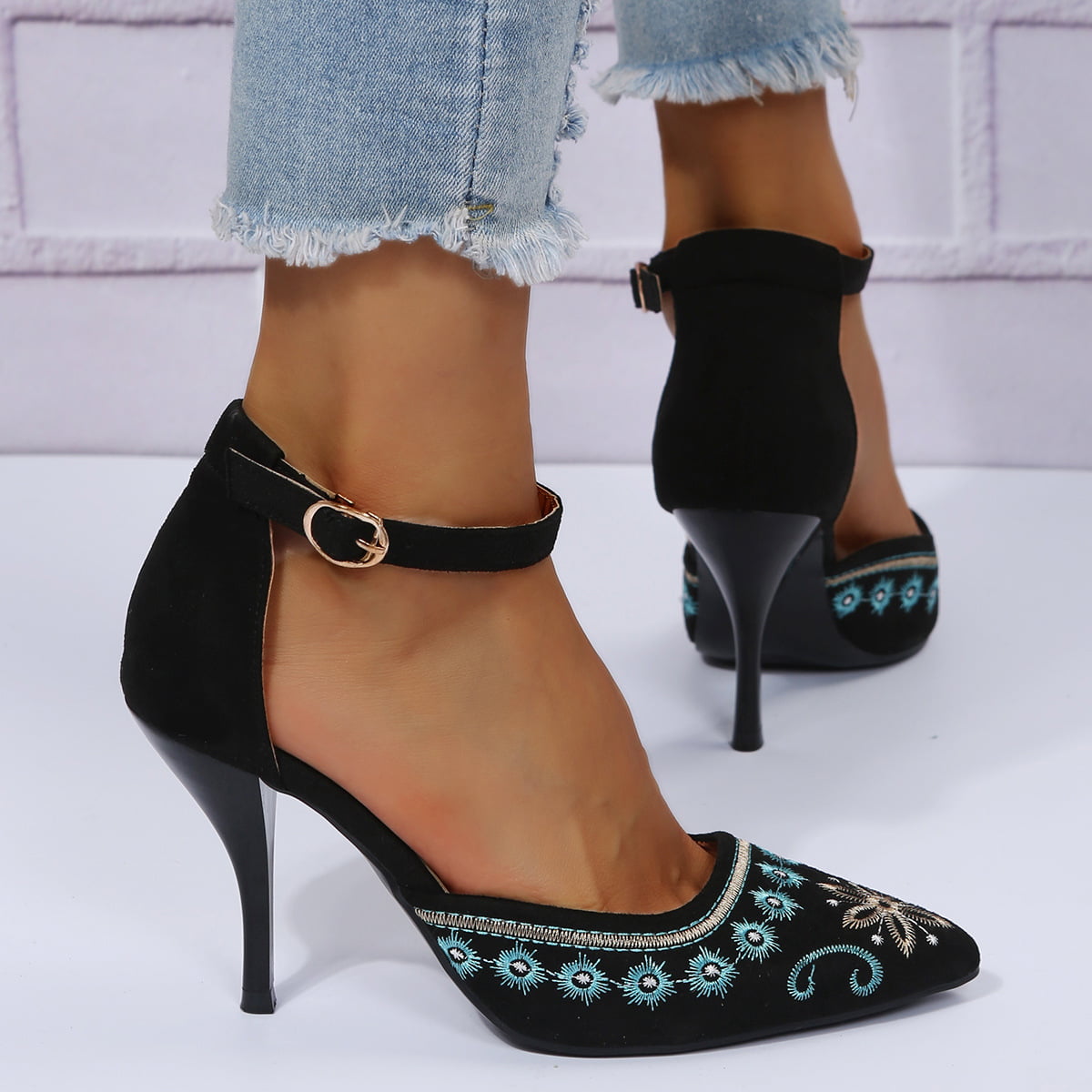 Women's Ankle Strap with Floral Embroidery Mid Heel Dress Pumps Wedding  Shoes Sandals Ankle Strap - Walmart.com