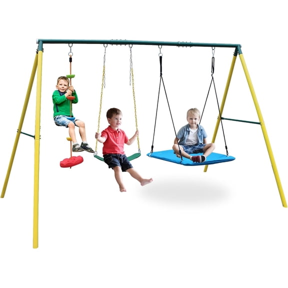 Metal Swing Set for Backyard Outdoor Heavy Duty Playset for Toddlers Kids (2 Seats with Climbing)