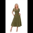 thumbnail image 1 of Vestido Plisado con Cuello en V y Mangas Abullonadas, Larga, Verde , Talla XL, 1 of 4