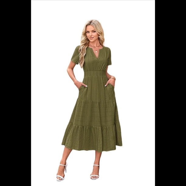 Vestido Plisado con Cuello en V y Mangas Abullonadas, Larga, Verde , Talla XL
