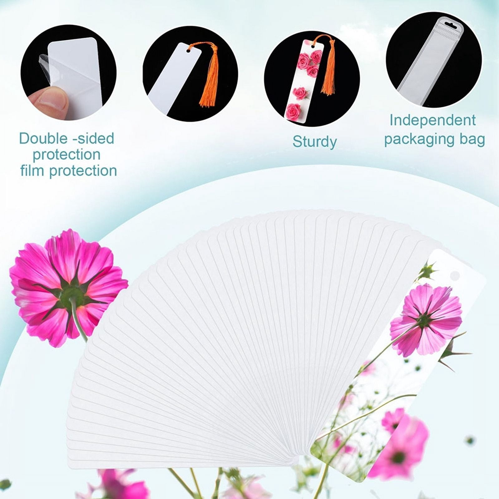 50 Sets Sublimation Blank Bookmarks, DIY Blank Aluminum Metal Bookmarks with Clear Bookmark Sleeves Tassels