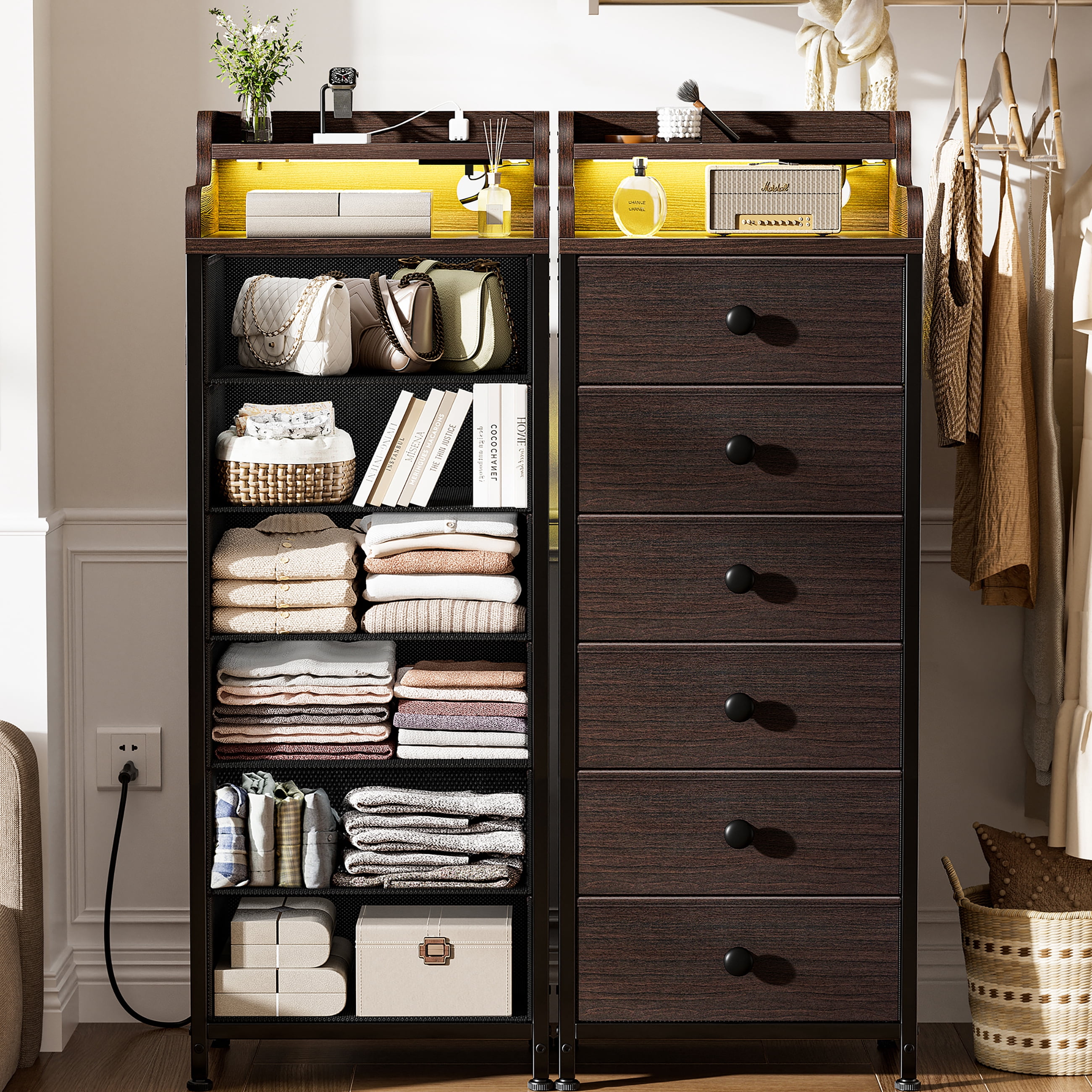 GUNAITO Led Dresser for Bedroom 6 Drawers Tall Fabric Closet Chests of Drawers,Brown