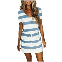 Puntoco Plus size dresses Womens Summer Hide Belly Knee Length Travel Dress Pocket 2025 Spring Short Sleeve Midi Work Casual Outfits Blue 6(M)