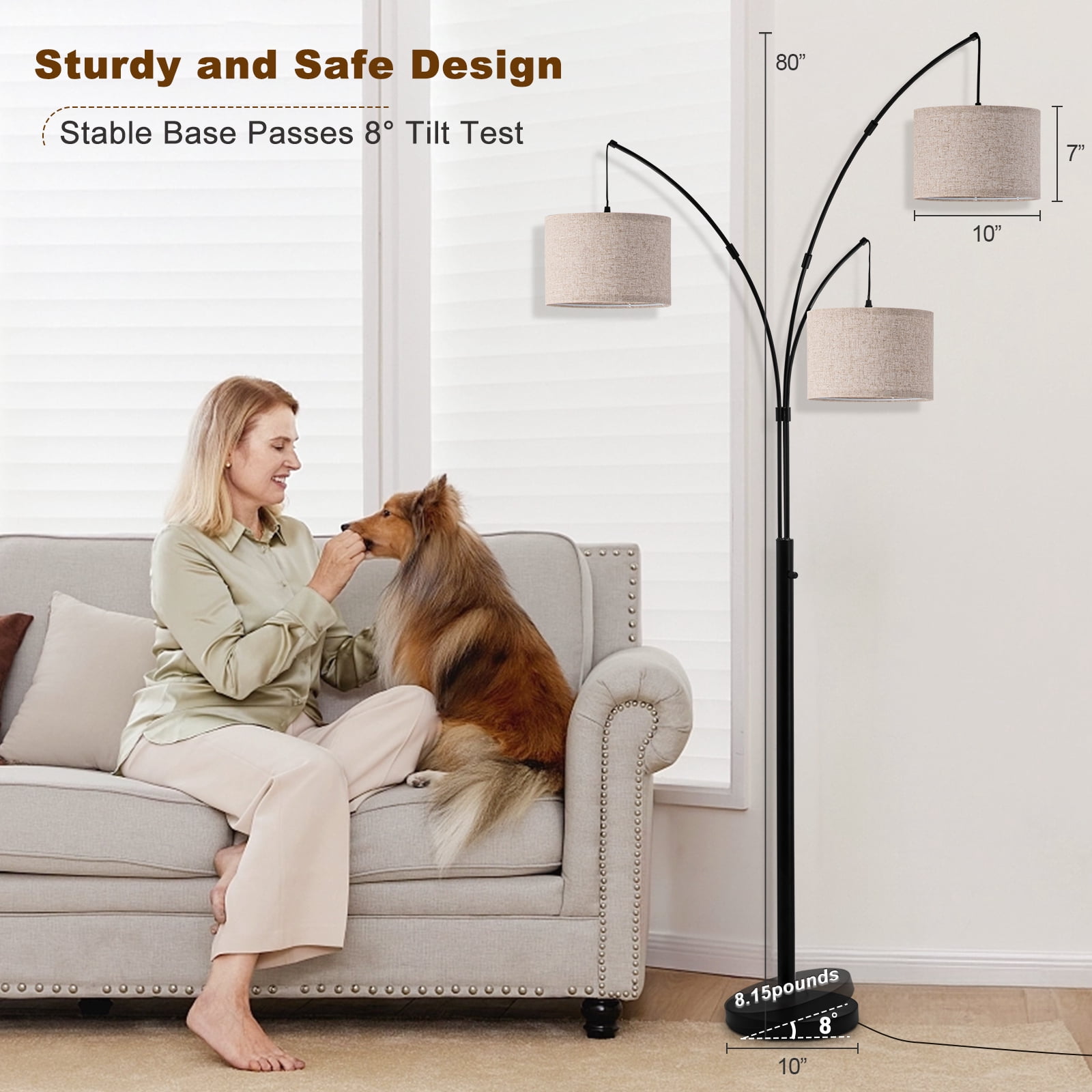 Netin 80” 3-Light Modern Dimmable Black Arc Floor Lamp with Beige Shades