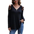thumbnail image 1 of Mujer Manga Larga Top Cuello En V Cremallera Hombro Frío Color Puro Tipo Suelto Camiseta Casual Negro XXL, 1 of 8