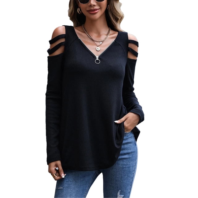 Mujer Manga Larga Top Cuello En V Cremallera Hombro Frío Color Puro Tipo Suelto Camiseta Casual Negro XXL