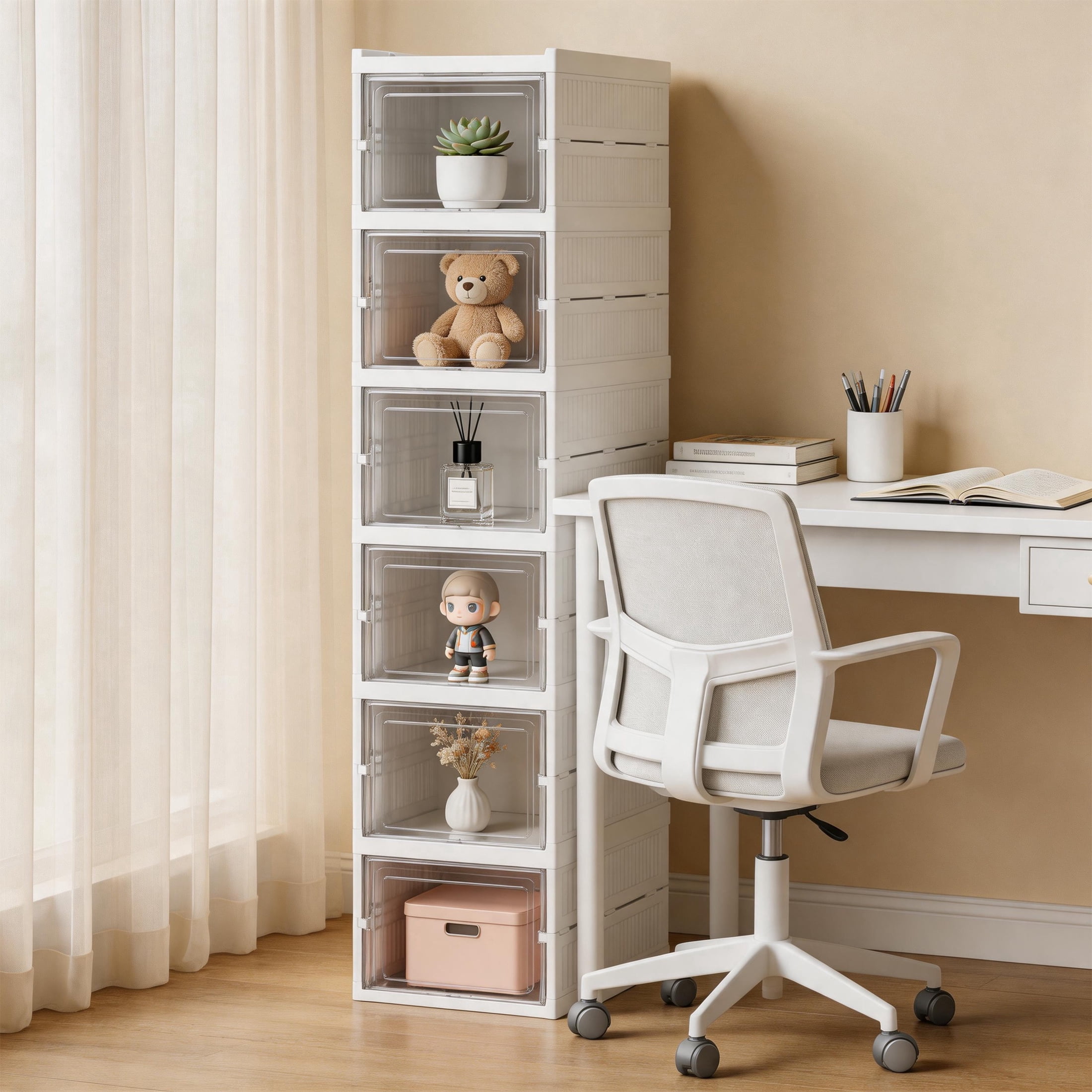 GARITIN Shoe Storage Box, 6 Tier Foldable No Assembly Clear Door Stackable Plastic Shoe Organizer