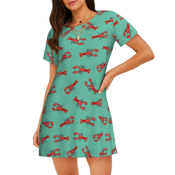 Fotbe Cartoon Lobsters 4 Bata de Dormir para Mujer con Estampado, Camisón de Algodón de Manga Corta, Ropa de Dormir Casual