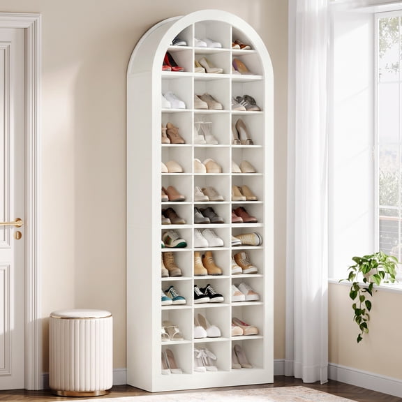 Fnova 70.9" Tall Shoe Storage Cabinet with 36 Cubbies, Wooden Freestanding Shoe Organizer, Large Entryway Shoe Rack for 27-36 Pairs, Space Saving Storage Cabinet for Entryway, Living Room, White