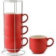 thumbnail image 1 of TRAHOO-Red Coffee Mugs, 15 oz Stackable Coffee Cups Set of 4 with Rack - Ceramic Large Ribbed Modern Latte Cup Set for Cappuccino, Tea, Hot Cocoa, Drinks - Dishwasher & Microwave Safe, 1 of 4