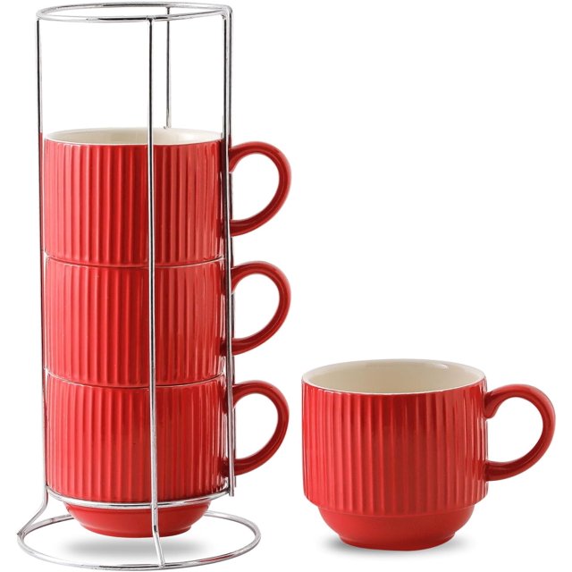 TRAHOO-Red Coffee Mugs, 15 oz Stackable Coffee Cups Set of 4 with Rack - Ceramic Large Ribbed Modern Latte Cup Set for Cappuccino, Tea, Hot Cocoa, Drinks - Dishwasher & Microwave Safe