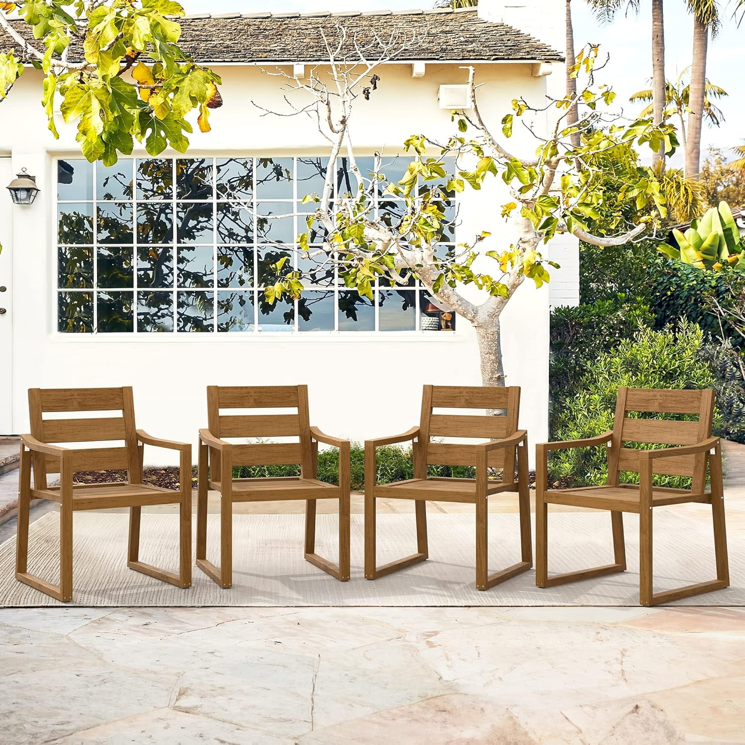 Dycanpo Outdoor Dining Chairs Set of 4,Weather Resistant Patio Chairs with Armrest for Indoors,Teak