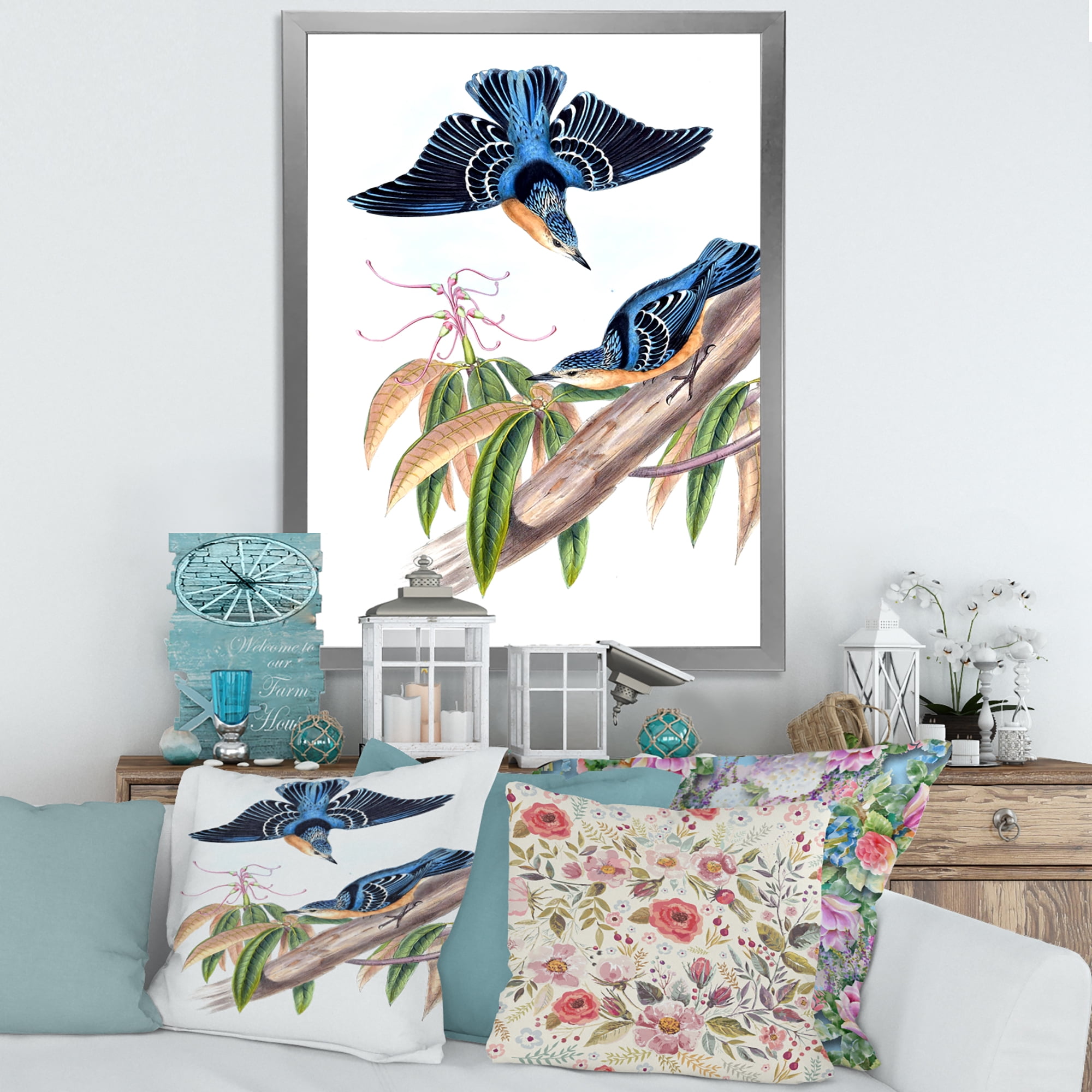 Designart 'Vintage Countryside Birds On Branch V' Farmhouse Framed Art Print