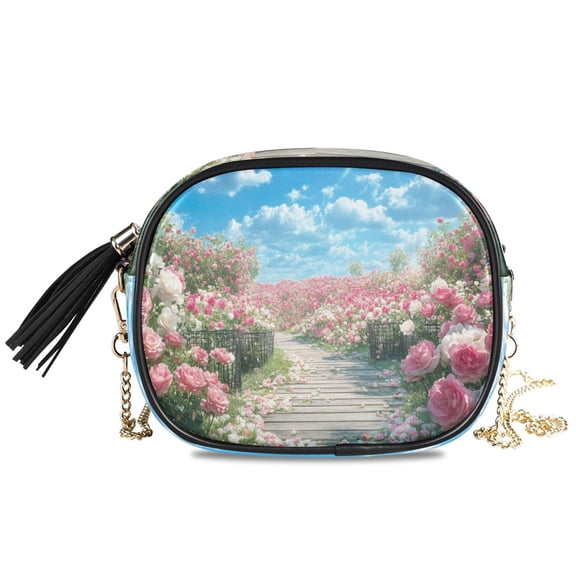 Womens Casual Chain Shoulder Bag Simple style Pink Blooming Rose Crossbody Bag