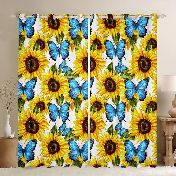 Manfei Chic Blue Butterflies Curtains Pack of 2 (42x84 Each),Countryside Sunflower Curtains Blackout,Rustic Plant Bedroom Curtains For Girl,Super Cozy Room Decor