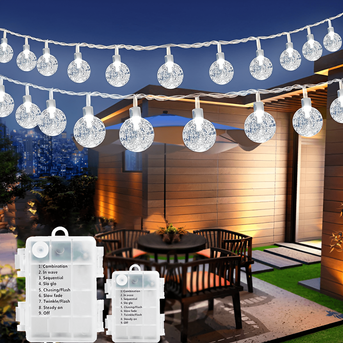 GooingTop 2 Pack Outdoor Lights Battery Operated, Each 30ft 60LED Fairy Lights Patio Lights Waterproof with 8Modes,Decorative Christmas Lights for Home Patio Garden Wedding(White)