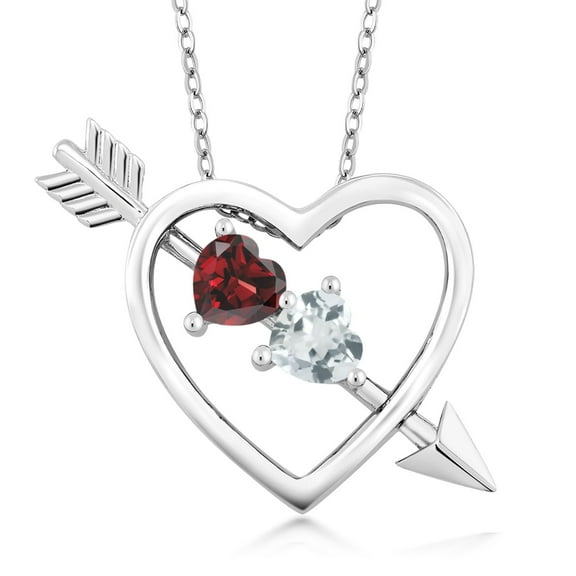 Gem Stone King 925 Sterling Silver Red Garnet and Sky Blue Aquamarine Heart and Arrow Pendant Necklace for Women (0.93 Cttw, with 18 inch Chain)