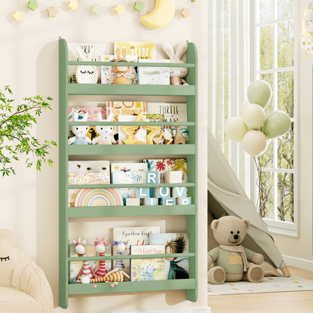 Homfa 4-Tier Wall Bookshelf, 43.7"H Wall Mounted Kids Bookshelf, Book Storage Rack for Kids Room, Green