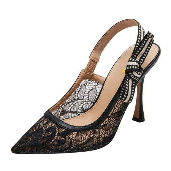 FSJ Women Sexy Bowknot Stiletto Heels Closed Pointed Toe Slingback Pumps Elastic Strap Sandals Wedding Party Dress Shoes Size 8 Black Lace