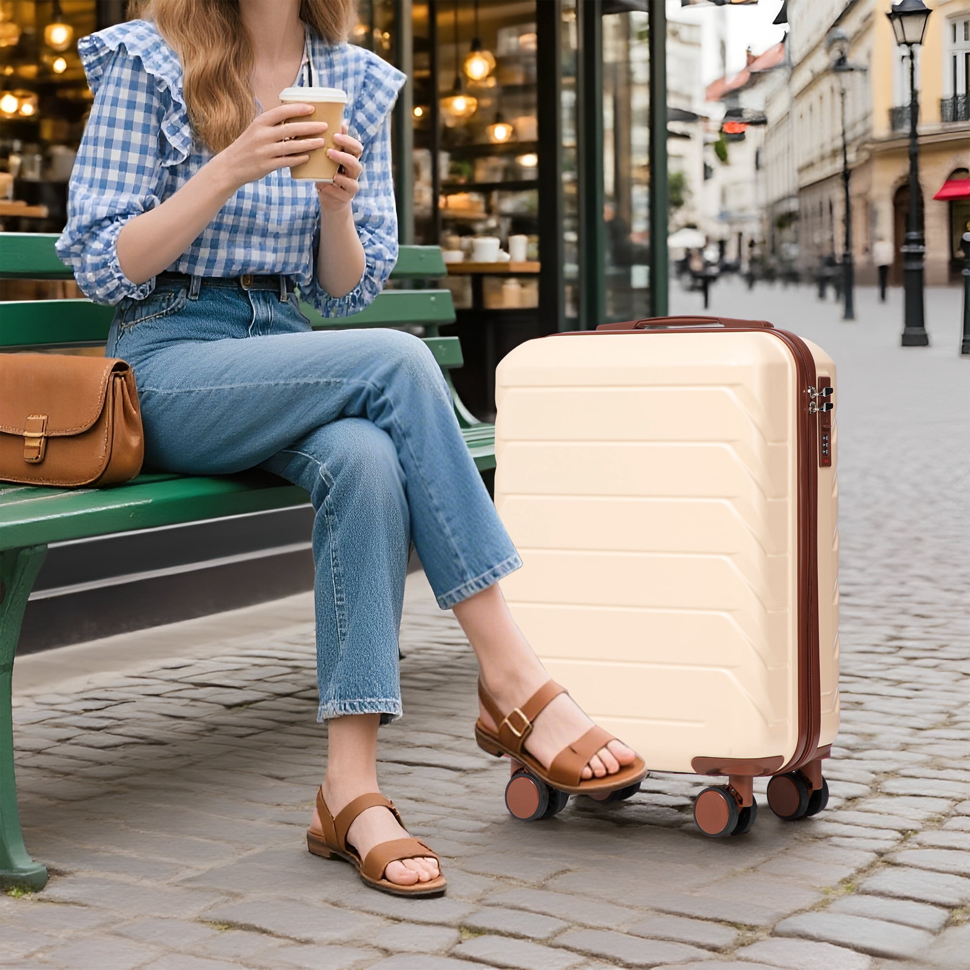 2 PCS ABS Luggage Set, 20" Hard Shell Suitcase + 14" Cosmetic Case, 360° Silent Spinner Wheels, Combination Lock, 3-Step Telescopic Handle, Anti-Scratch Waterproof Travel Luggage