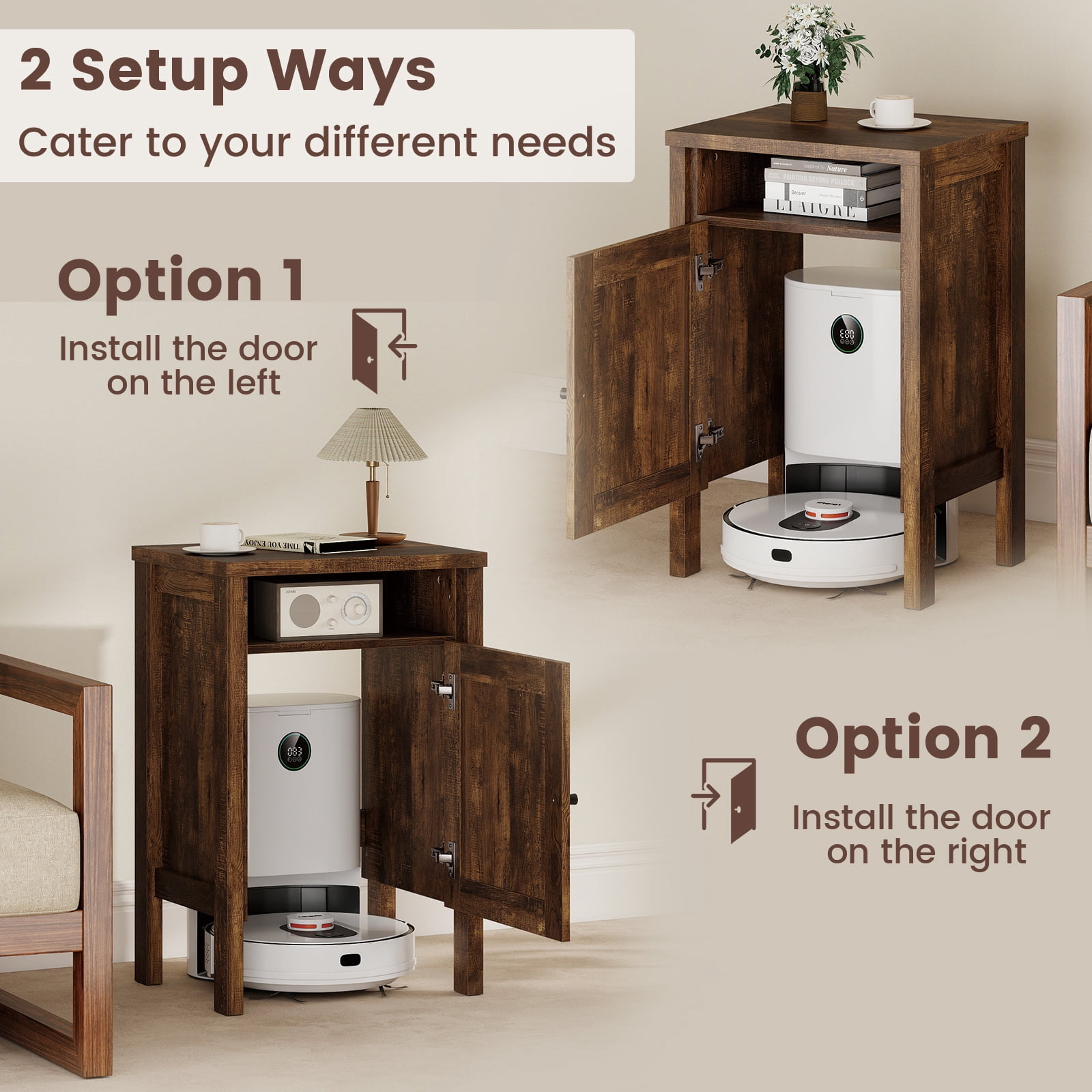 Gymax Robot Vacuum Stand Cabinet w/ Door & Open Shelf for Home Office Living Room Dark Brown
