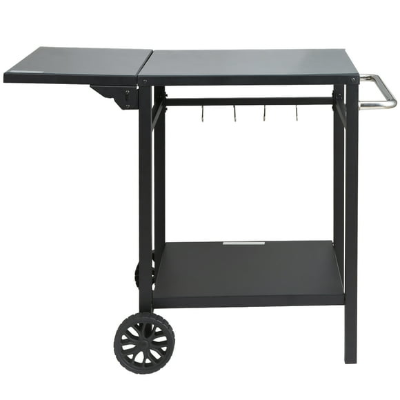 KFFKFF Outdoor BBQ Dining Truck with Double Shelves, BBQ Moving Food Prep Table, and Multifunctional Foldable Dining Table Top.