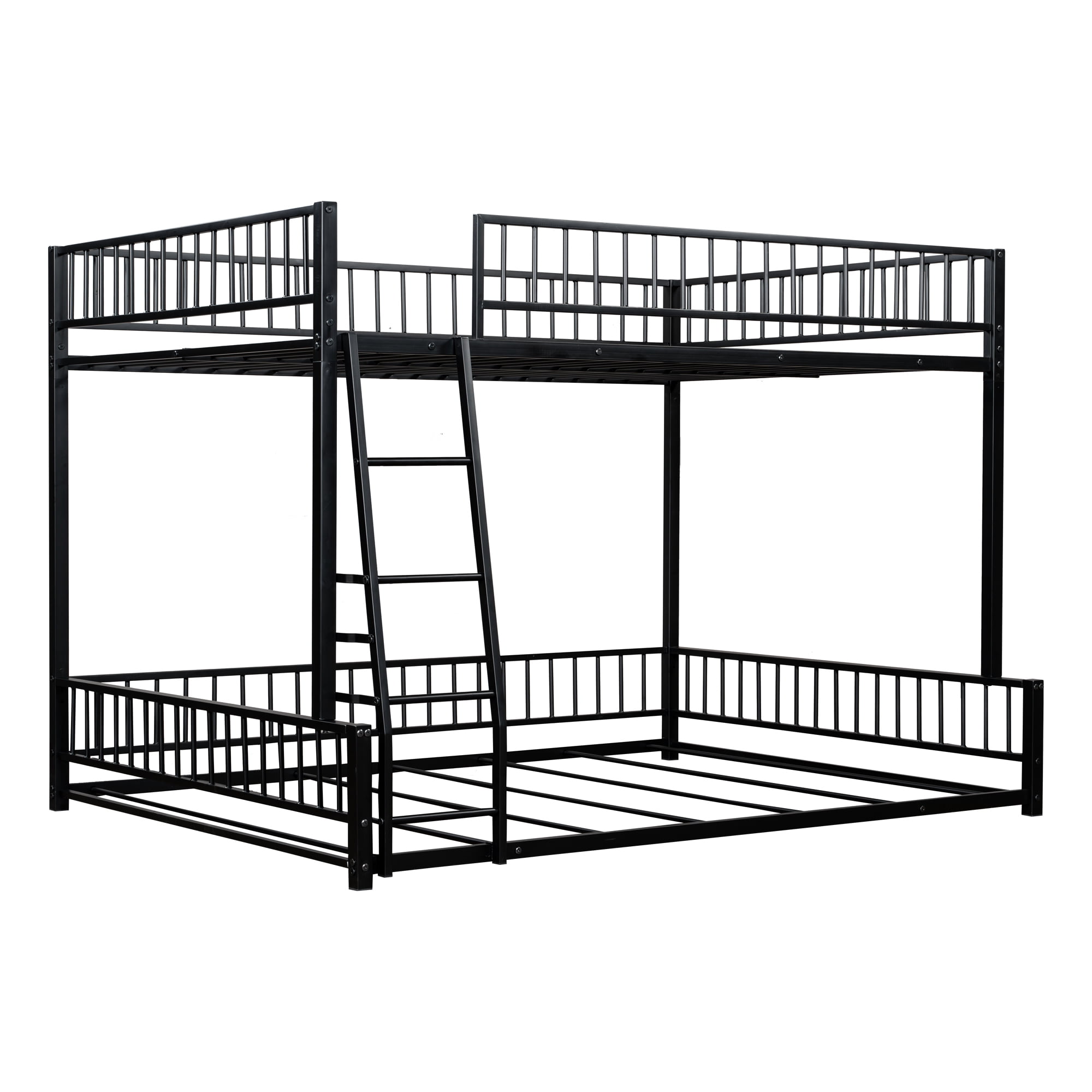 Full XL over Queen Bunk Bed, Heavy Duty Bunk Beds for Adults and Kids,Floor Bed Frame with Ladder and Safety Guardrails, Easy Assemble,Black