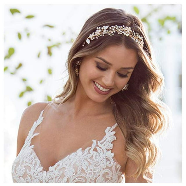 Diadema dorada para boda, tocado bohemio para piezas de cabello nupcial, enredadera para el cabello con perlas de cristal, accesorios para el cabello de boda con Halo de flores