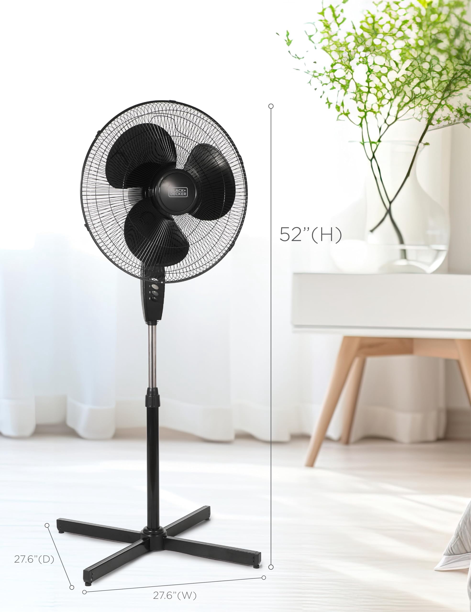 BLACK+DECKER 18-Inch Pedestal Fan, BFP18SXB, Oscillating Fan for Home and Office, Standing Fan with 3 Speed Settings, Height Adjustable with Adjustable Head Tilt, Black