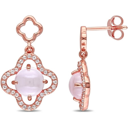 Tangelo 3.04 Carat T.G.W. Rose Quartz and Cubic Zirconia Rose Rhodium-Plated Sterling Silver Flower Dangle Earrings