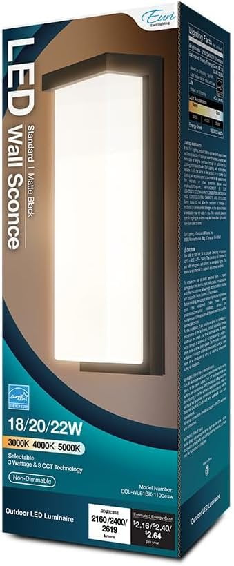 Euri Lighting EOL-WL61BK-1100esw, Outdoor LED Wall Light, Non-Dimmable, 3CCT Selectable 3K/4K/5K, 18/20/22W, 2160/2400/2619 lm, Matte Black, Wet Rated, Integrated LED Fixture Pack of 1