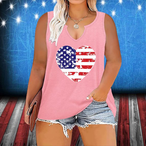 Wycnly Womens Tank Tops Independence Breathable Plus Size Patriotic Tunic Vest Tops Summer Fashion Heart Flag Print V-Neck Sleeveless Shirts Blouse Pink XL