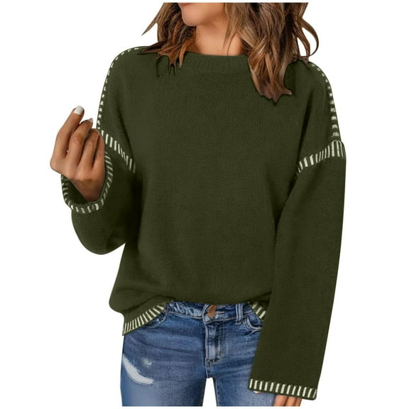 SnZhen Casual Sweaters for Women Women's Solid Color Knitting Loosing Long Sleeve Round Neck Pullover Tops Army Green L
