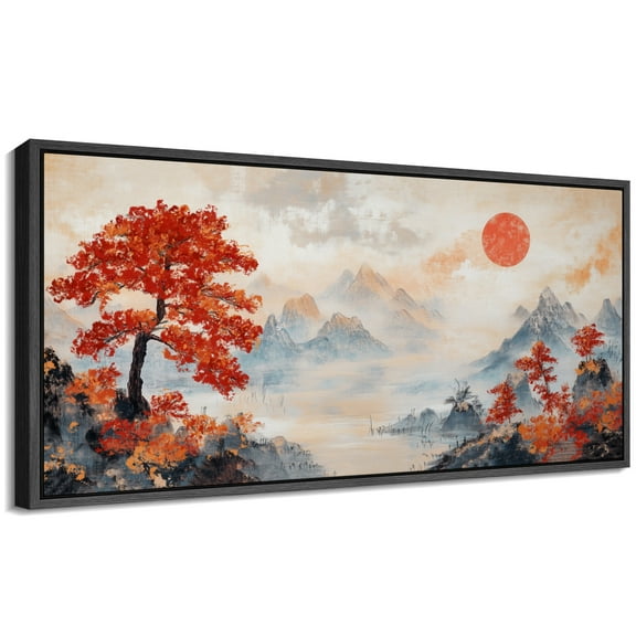 Large Framed Canvas Print Autumn Red Maple Mountain Landscape – Traditional Asian Ink-Style Artwork Wall Art Decorative Ready to Hang Painting for Living room Bedroom - 60"x30" Black Frame