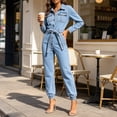 thumbnail image 3 of Kctiaxy Denim Jumpsuit for Women Long Sleeve Turndown Collar Belt Ties Rompers Solid Fashion Jogger Jeans, 3 of 4