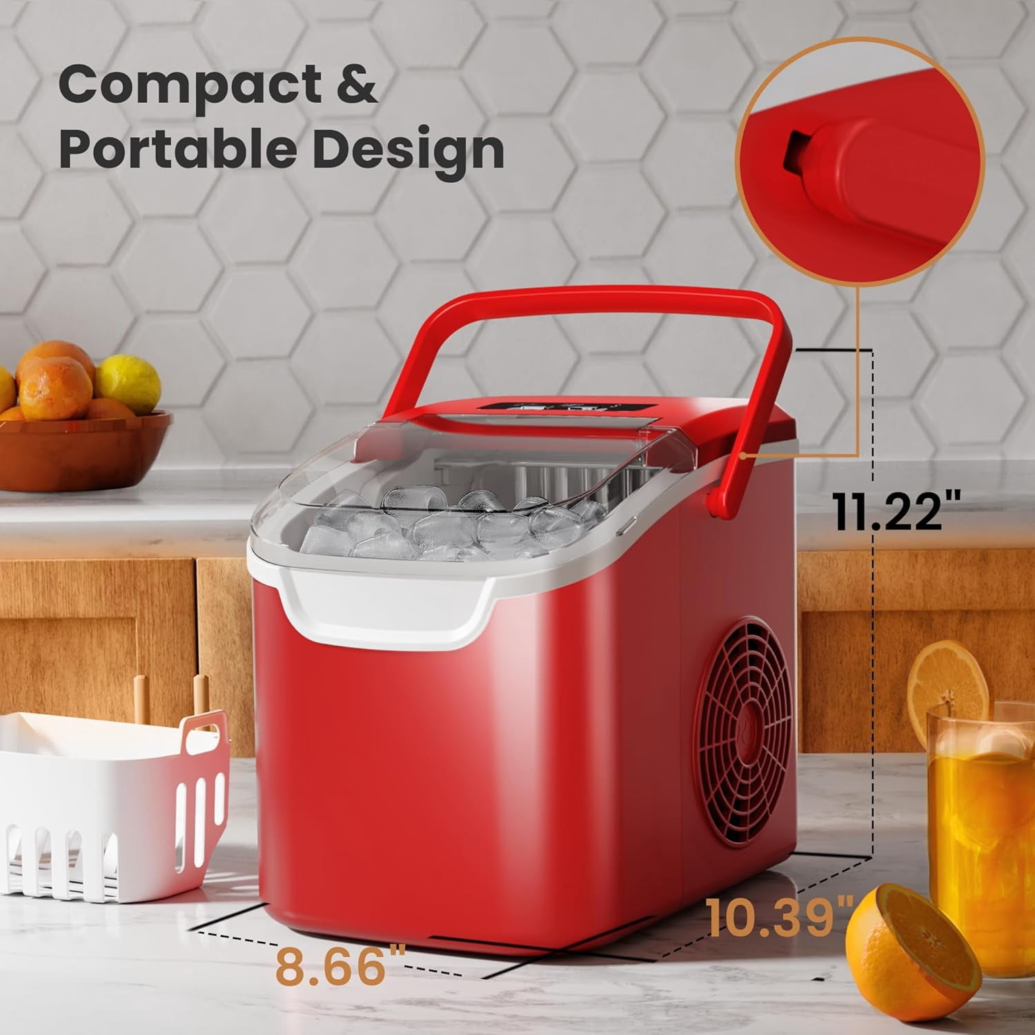 Moifoi Ice Maker Countertop , Portable Ice Machine 26.5lbs/24H, Ready in 6 Mins/9 Pcs  with Self-Cleaning,Red