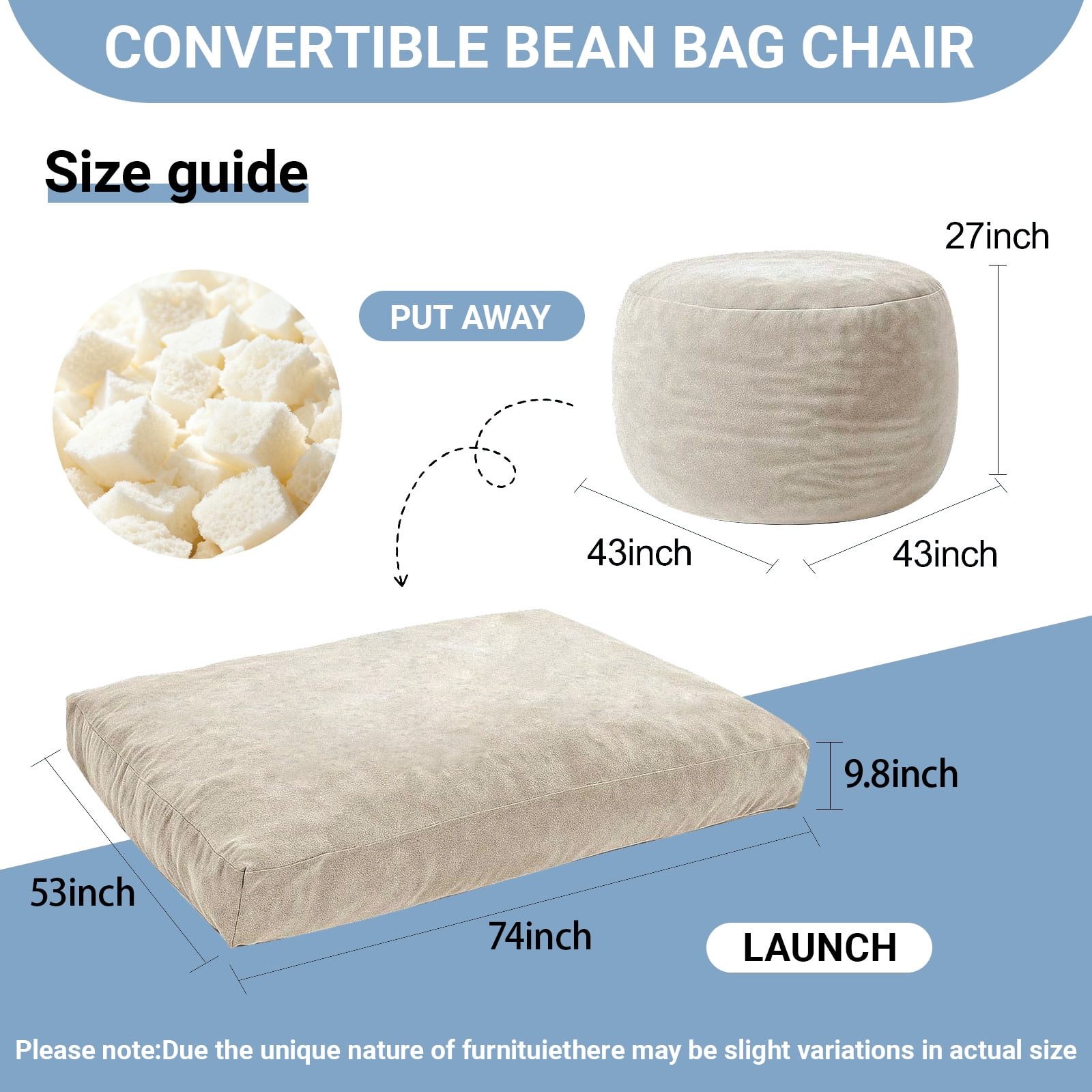 Memory Foam Bean Bag Chair Sofa Bed for Adults, Soft Micro Fiber Cover Round Single Couch – Ideal for Living Room, Bedroom & College Dorm