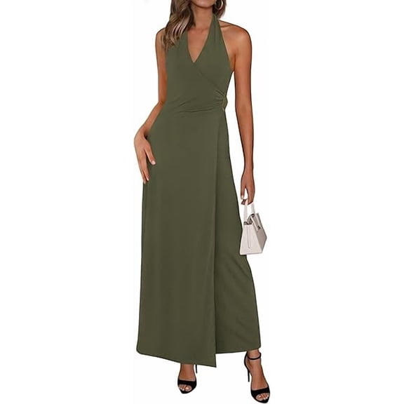 PRETTYGARDEN Holiday Cocktail Dresses for Women Summer Elegant V Neck Halter Backless Wedding Guest Party Midi Dress