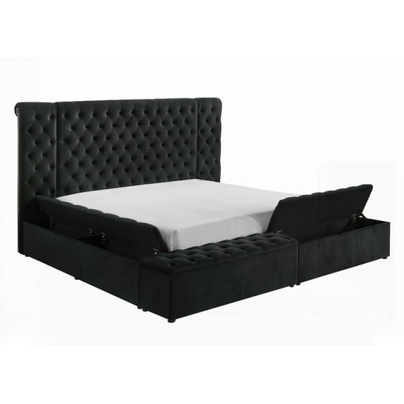 Queen Bed featuring Black Velvet Plush Tufted Headboard and Concealed Storage for Bedroom Sanctuary