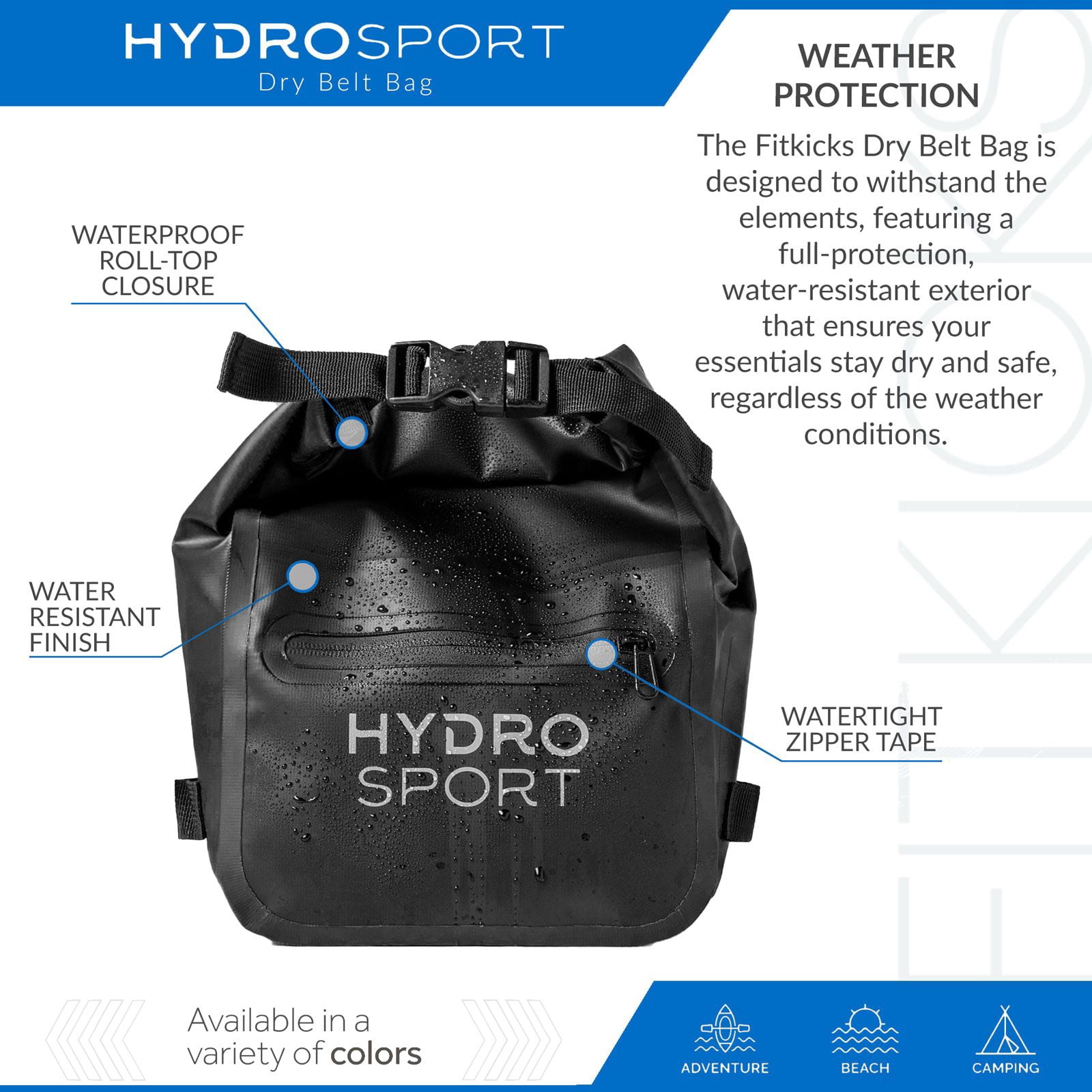FITKICKS HydroSport Dry Belt Bag Waterproof Waist Pack with Adjustable Strap - Black