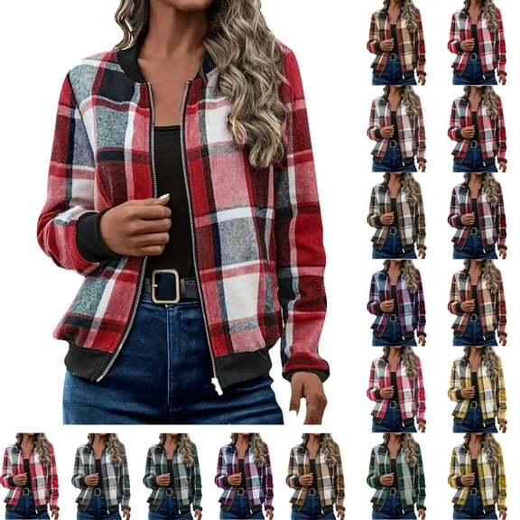 Jackets for Women with Pockets Windbreaker Plaid Printed Comfortable Casual Loose Long Sleeve Cardigan Zipper Hooded Jacket Casual Outerwear Red#02 XL