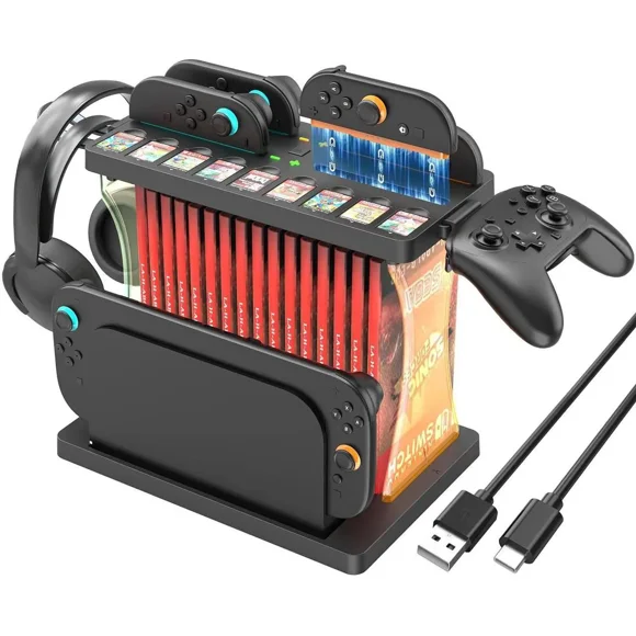 Games Organizer Station with Controller Charger, Charging Dock for Nintendo Switch 2, Display Rack Holder for Switch 2 Dock, Game Cases & Pro Controllers, Accessories Stand with RGB Lighting