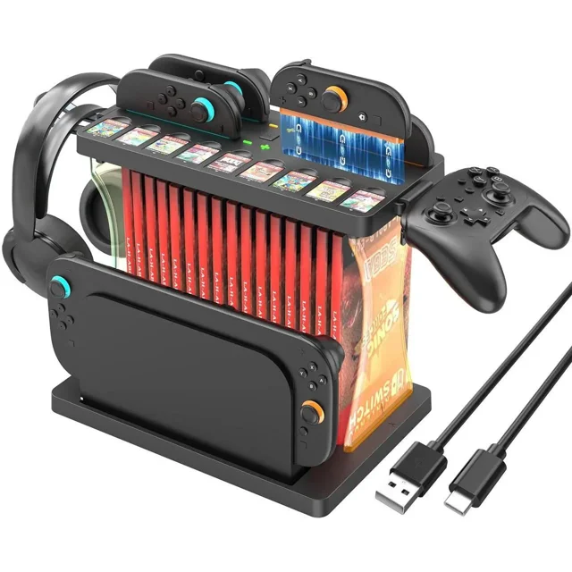 Games Organizer Station with Controller Charger, Charging Dock for Nintendo Switch 2, Display Rack Holder for Switch 2 Dock, Game Cases & Pro Controllers, Accessories Stand with RGB Lighting