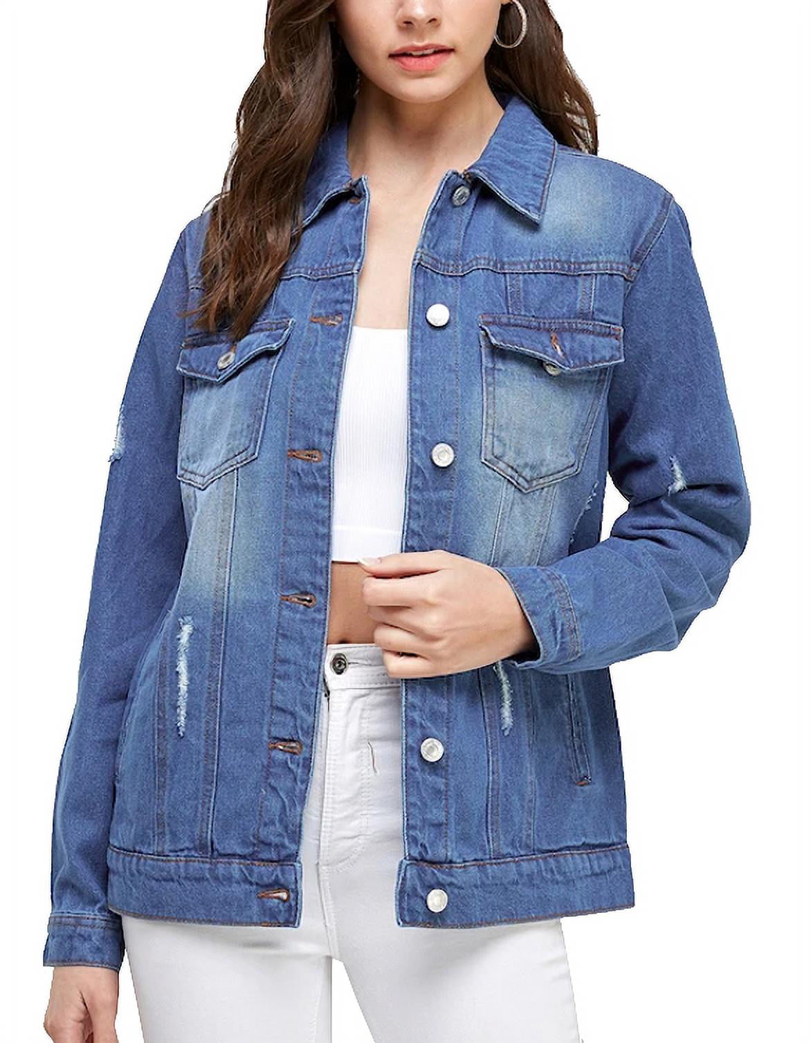 Women's Distressed Denim Cotton Button Up Long Military Utility Jean Jacket 