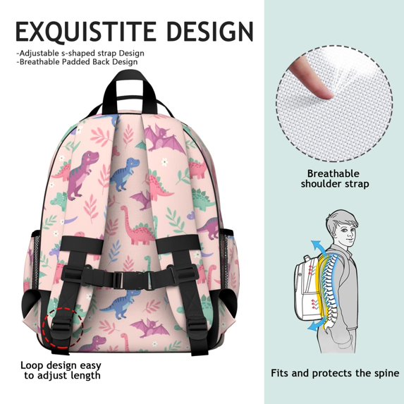 Pink Cartoon Dinosaurs Leaves Pattern Cute School Backpack Bag for School with Padded Back and Adjustable Shoulder Straps 15.25"x11.5"x5.25"