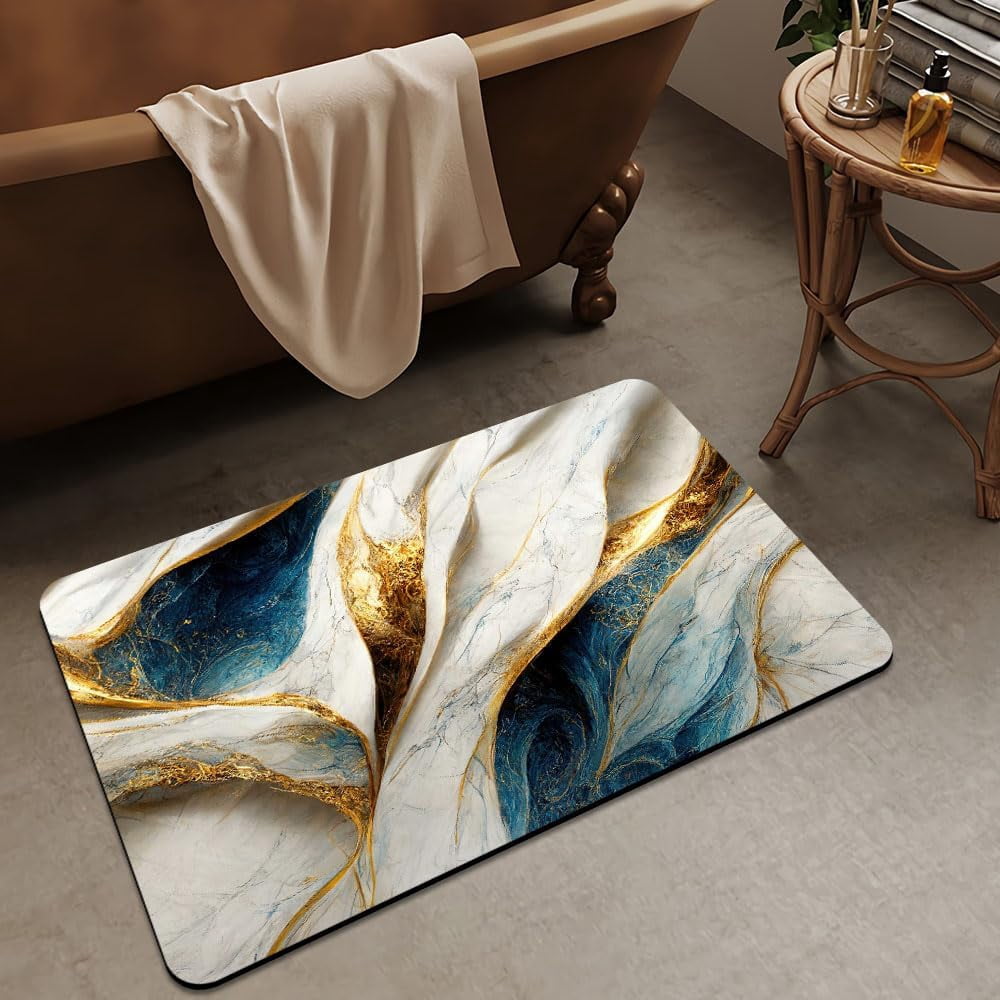 Bath Mat Rug,Abstract Blue and gold marble Non Slip Quick Dry Super Absorbent Thin Bathroom Rugs Fit Under Door-Easy to clean Bathroom Floor Mats-Shower Rug for Shower Sink Bathtub(20" x 31"In)