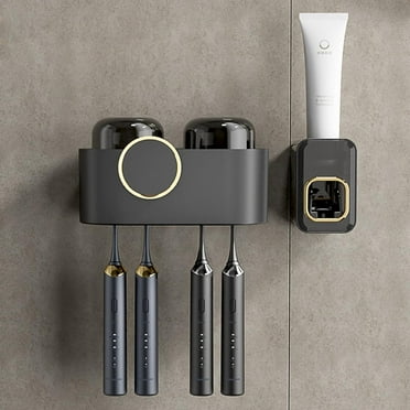 Wall Mounted Toothbrush Holders, Luxury Toothbrush Holder with Toothpaste Dispenser, Saving Space Bathroom Toothbrush Holder Set with 2 Cups 4 Brush Slots (Black)