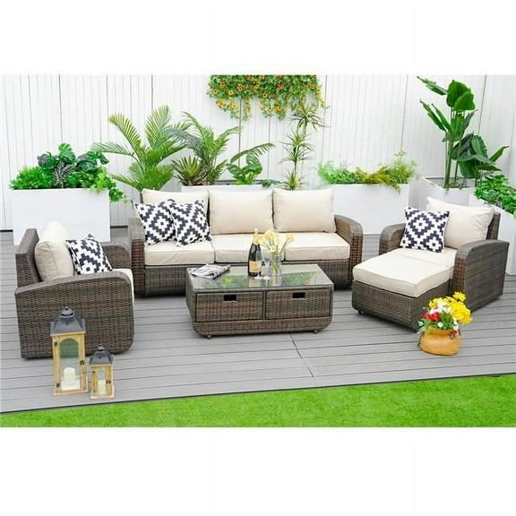 Direct Wicker PAS-1515-BR 5 Piece 5-Seat Patio Brown Furniture Sectional Sofa Set with Cushions