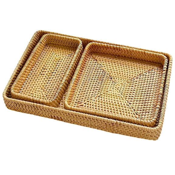3PCS Storage Organizer Baskets Wicker, Rattan Storage Basket, Rattan Serving Tray, Multi-Use Rectangular Rattan Baskets for Storage, Handmade