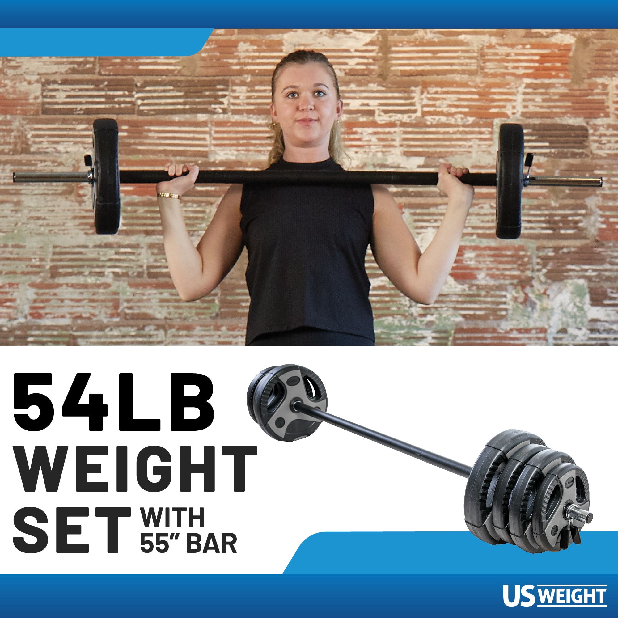 US Weight 54 LB Barbell Weight Set with 55" Adjustable Bar - Home Gym Strength Training Equipment - Grey